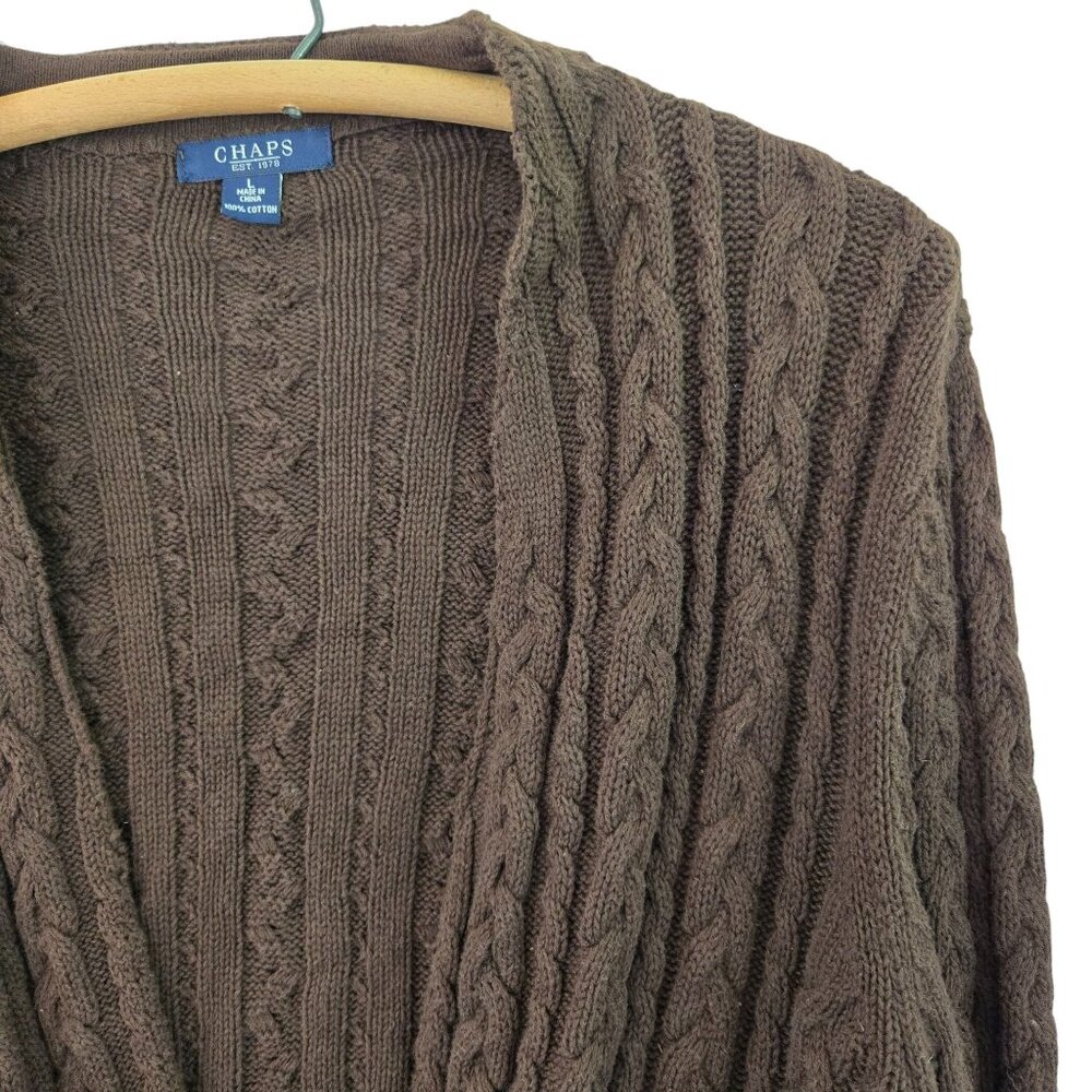 Chaps Cable Knit Brown Cardigan Sweater Large Ribbon Tie Waist Eyelet Cuffs - Picture 7 of 11